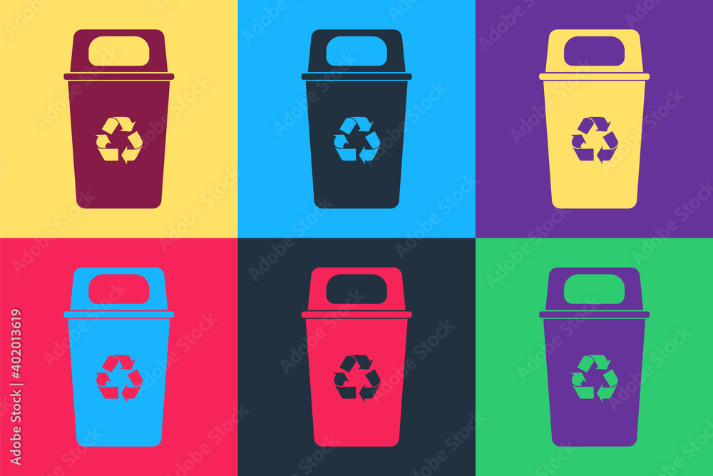 Poster pop art recycle bin with recycle symbol icon isolated on color background. trash can icon. garbage b