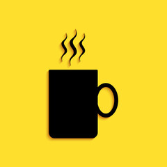 Black Coffee cup flat icon isolated on yellow background. Tea cup. Hot drink coffee. Long shadow style. Vector.