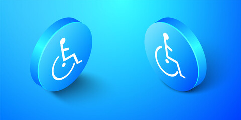 Isometric Disabled handicap icon isolated on blue background. Wheelchair handicap sign. Blue circle button. Vector.
