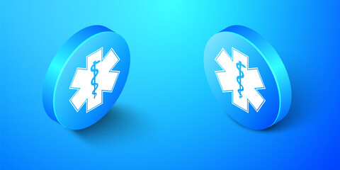 Isometric Medical symbol of the Emergency - Star of Life icon isolated on blue background. Blue circle button. Vector.