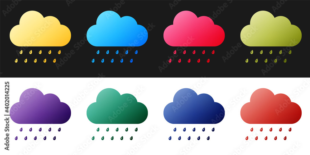 Poster set cloud with rain icon isolated on black and white background. rain nimbus cloud precipitation wit