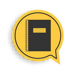 Black Notebook icon isolated on white background. Spiral notepad icon. School notebook. Writing pad. Diary for business. Office stationery items. Yellow speech bubble symbol. Vector.