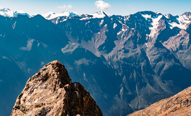Beautiful alpine summer view with details of a rock at the famous Gaislachkogel summit, Soelden, Oetztal, Tyrol, Austria