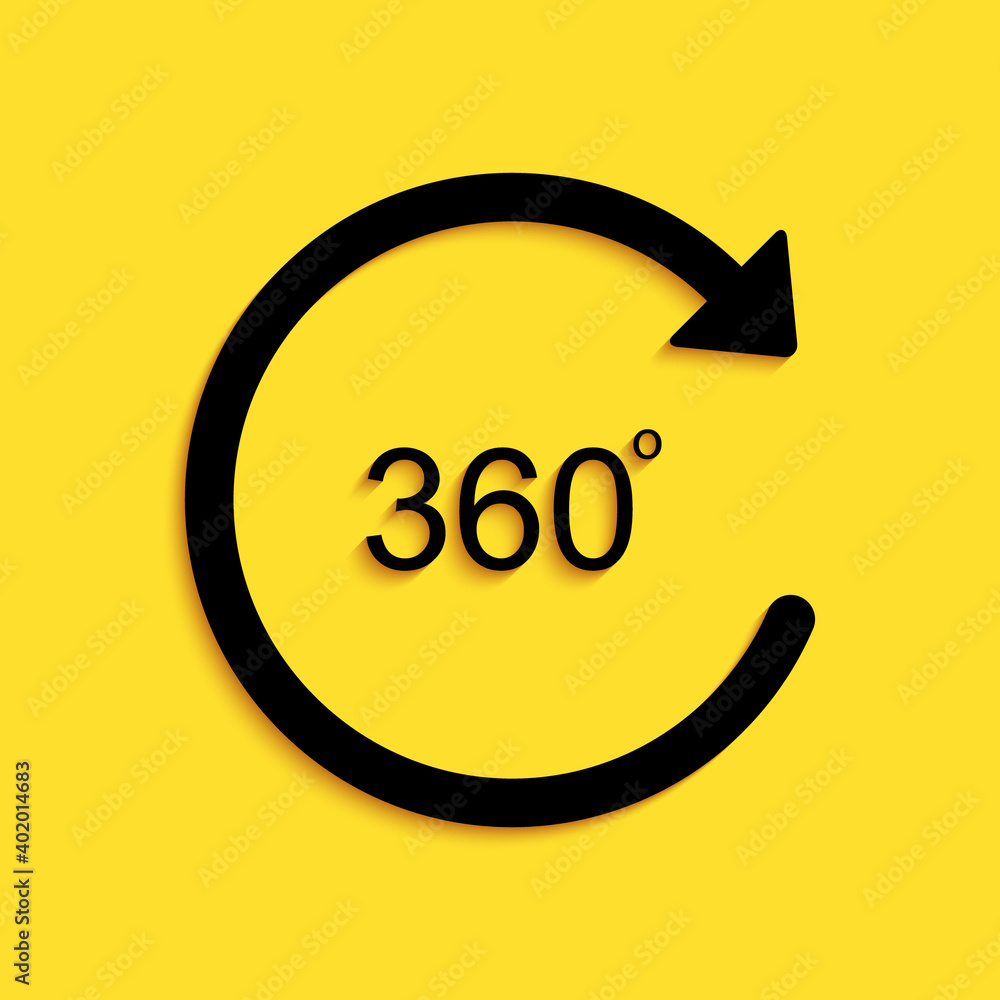 Poster black angle 360 degrees icon isolated on yellow background. rotation of 360 degrees. geometry math s