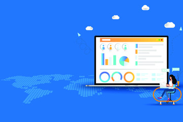 Human Resources Concept, HR officer is working to analyze the data on the screen of laptop to recruit a new staff or analyze a performance of employee in blue color background.