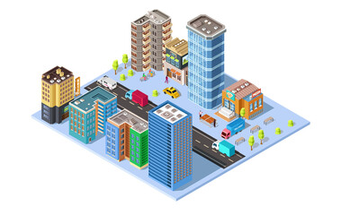 Government buildings city streets roads and traffic isometric vector illustration
