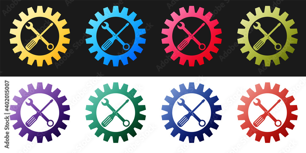 Wall mural set maintenance symbol - screwdriver, spanner and cogwheel icon isolated on black and white backgrou