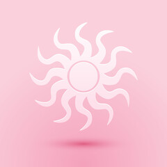 Fototapeta na wymiar Paper cut Sun icon isolated on pink background. Paper art style. Vector.