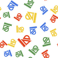 Color Set ruler, triangular ruler and protractor icon isolated seamless pattern on white background. Straightedge sign. Triangle sign. Geometrical instruments. Vector.