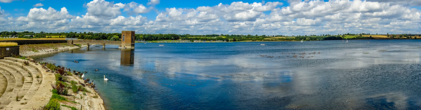 A panorama view across Pitsford Reservoir, UK on a summers day