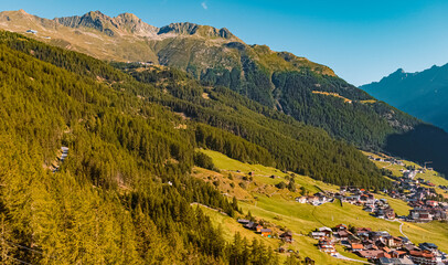 Beautiful alpine summer view with a far view of Soelden at the famous Gaislachkogel summit, Soelden, Oetztal, Tyrol, Austria