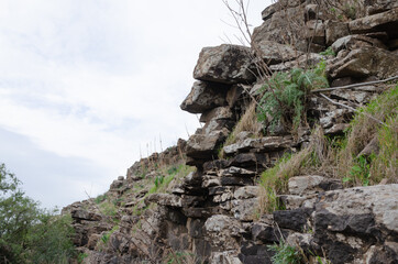 landscapes with mountain views with the remains of ancient buildings on the Golan heights in israel