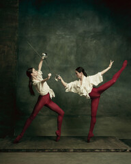 Fairytail. Two young female ballet dancers like duelists with swords on dark green background....