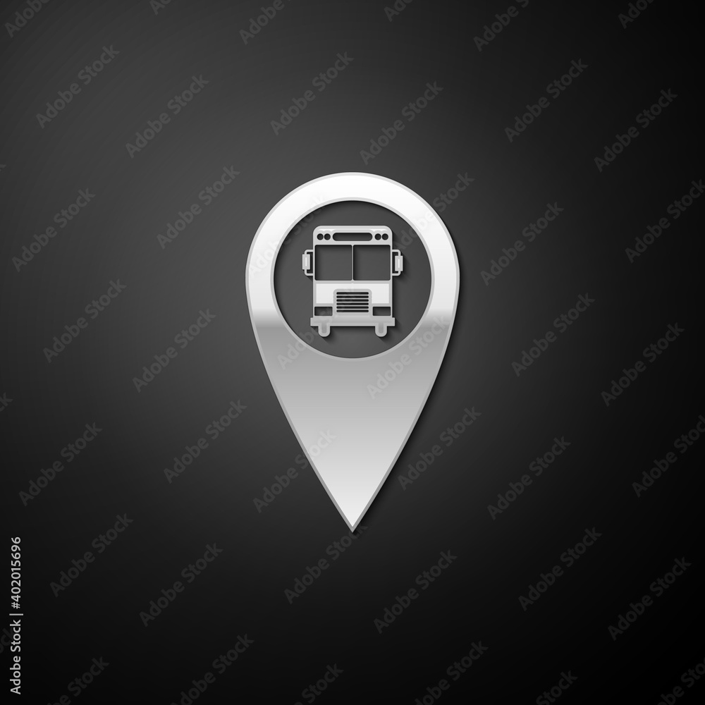 Poster silver map pointer with bus icon isolated on black background. long shadow style. vector.