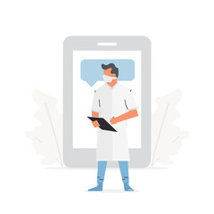 The doctor stands in front of a large phone. Online medical consultation and health app concept vector illustration.