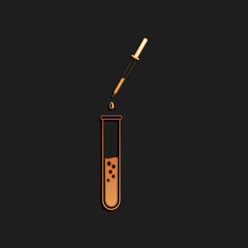 Gold Laboratory pipette with liquid and falling droplet over test tube icon isolated on black background. Laboratory research or laboratory testing. Long shadow style. Vector.