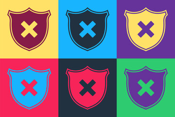 Obraz premium Pop art Shield and cross x mark icon isolated on color background. Denied disapproved sign. Protection, safety, security concept. Vector.