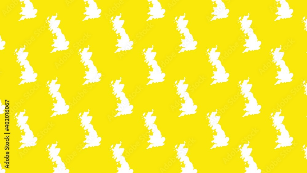 Poster britain country map silhouettes pattern on a yellow background seamless animation. simple geographic
