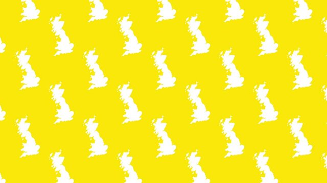 Britain country map silhouettes pattern on a yellow background seamless animation. Simple geographic motion graphics