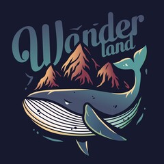 Marine whale and mountain. Nautical wanderlust sea adventure illustration
