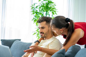 Caucasian couple lovers work from home new normal with computer laptop 