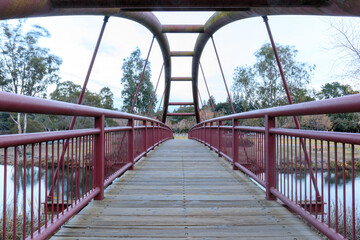 Fototapeta na wymiar Footbridge at Vasona Lake County Park. Los Gatos, Santa Clara County, California.