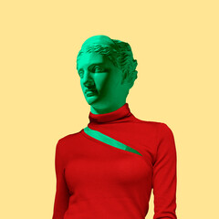 Look at me. Stylish woman headed by bright statue on yellow background. Negative space to insert your text. Modern design. Contemporary colorful and conceptual bright art collage.
