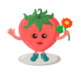 Cute smiling strawberry girl holding a flower. Colorful kawaii fruit emoticon. Isolated vector illustration in flat design.	
