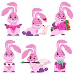 Obraz premium Valentines day with bunny greeting card. Cute hares or rabbits for Valentine's Day on a white background. Bunny with roses, sweets, hearts, arrow. Vector illustration