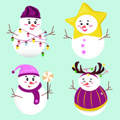 Cute winter christmas snowmen set flat style. Collection of hand drawn snowman.Funny bigfoot in hat, scarf and collection with deer rogaby with garland on blue background. Vector illustration
