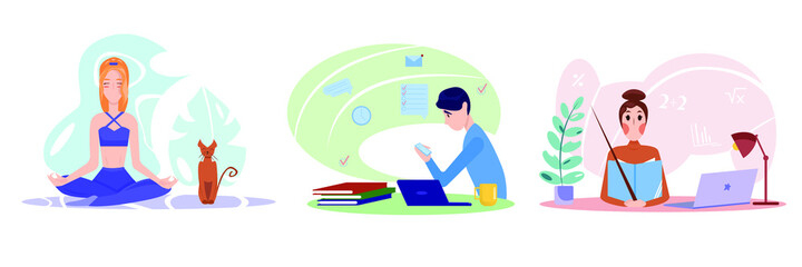 People stay at home. Quarantine, pople watching TV, doing exercises and yoga, relax, communicate. Work, leisure and hobby on isolation. Vector illustration 