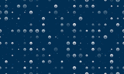 Seamless background pattern of evenly spaced white laughter Emoticons of different sizes and opacity. Vector illustration on dark blue background with stars
