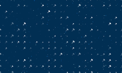 Seamless background pattern of evenly spaced white sledgehammer symbols of different sizes and opacity. Vector illustration on dark blue background with stars
