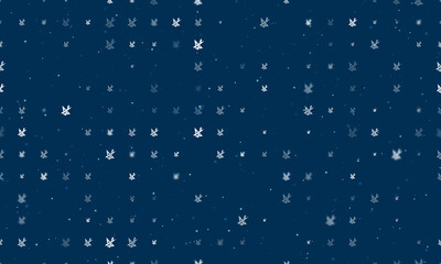 Seamless background pattern of evenly spaced white school supplies symbols of different sizes and opacity. Vector illustration on dark blue background with stars