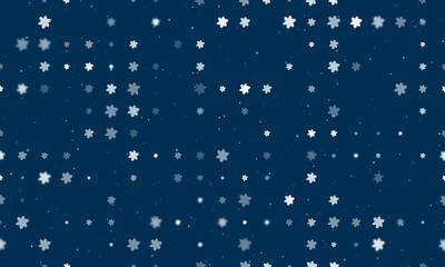 Seamless background pattern of evenly spaced white narcissus flowers of different sizes and opacity. Vector illustration on dark blue background with stars