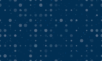 Seamless background pattern of evenly spaced white microcircuit symbols of different sizes and opacity. Vector illustration on dark blue background with stars