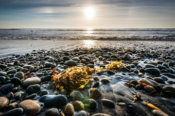 rocky beach at sunset