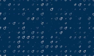 Seamless background pattern of evenly spaced white mars symbols of different sizes and opacity. Vector illustration on dark blue background with stars