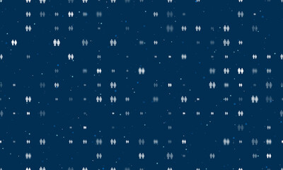 Seamless background pattern of evenly spaced white man with woman symbols of different sizes and opacity. Vector illustration on dark blue background with stars