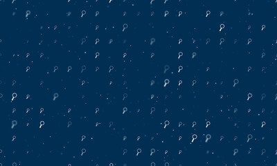 Seamless background pattern of evenly spaced white magnifier symbols of different sizes and opacity. Vector illustration on dark blue background with stars