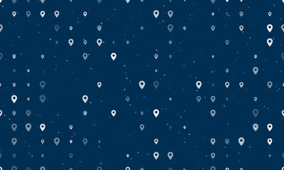 Seamless background pattern of evenly spaced white location symbols of different sizes and opacity. Vector illustration on dark blue background with stars