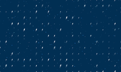 Seamless background pattern of evenly spaced white lightning symbols of different sizes and opacity. Vector illustration on dark blue background with stars