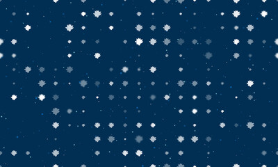 Seamless background pattern of evenly spaced white lotus flowers of different sizes and opacity. Vector illustration on dark blue background with stars