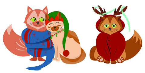 Character couple cat for New Year and Christmas. Christmas cats entangled in garlands and with christmas elements. Vector illustration