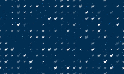 Seamless background pattern of evenly spaced white cupid arrow symbols of different sizes and opacity. Vector illustration on dark blue background with stars