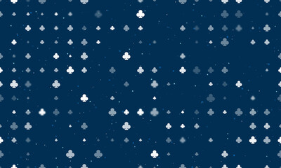Fototapeta na wymiar Seamless background pattern of evenly spaced white clubs of different sizes and opacity. Vector illustration on dark blue background with stars