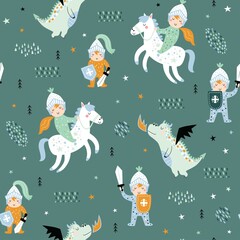 Childish seamless pattern with knight, dragon and castle. Perfect for kids design, fabric, wrapping, wallpaper, textile, apparel