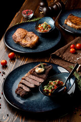 Meals of steak house menu, atmospheric photo