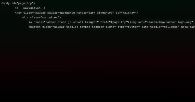HTML code for a menu of a company website writing by a developer. RGB effect on letters during typing. HTML  markup code for web developer. Online business composition