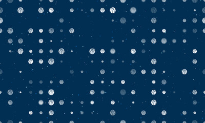 Seamless background pattern of evenly spaced white basketball symbols of different sizes and opacity. Vector illustration on dark blue background with stars
